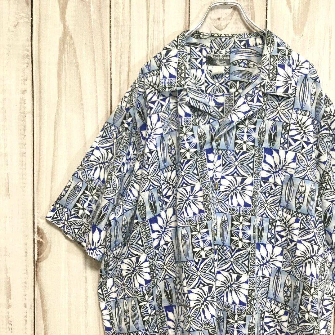 ハワイ製 KONA COAST 超ビッグ アロハシャツ 開襟 3XL 青系