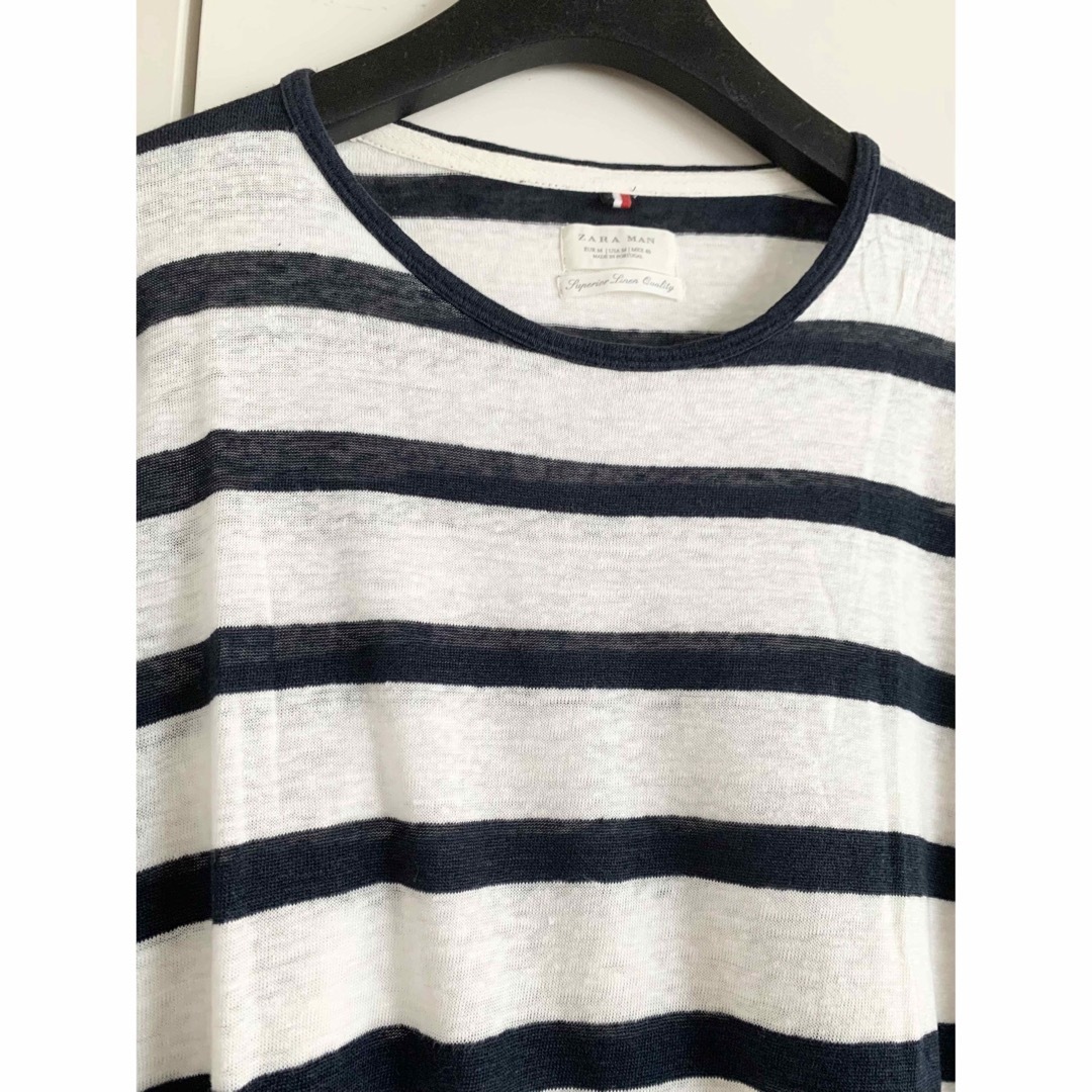 ZARA(ザラ)の美品 ZARA ザラ 麻 リネン 100% Tシャツ ボーダーTシャツ メンズのトップス(Tシャツ/カットソー(七分/長袖))の商品写真