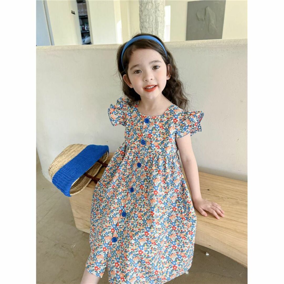 新品 セール ワンピース シャツ 花柄　Aライン　韓国 フリルリボン   130 キッズ/ベビー/マタニティのキッズ服女の子用(90cm~)(ワンピース)の商品写真