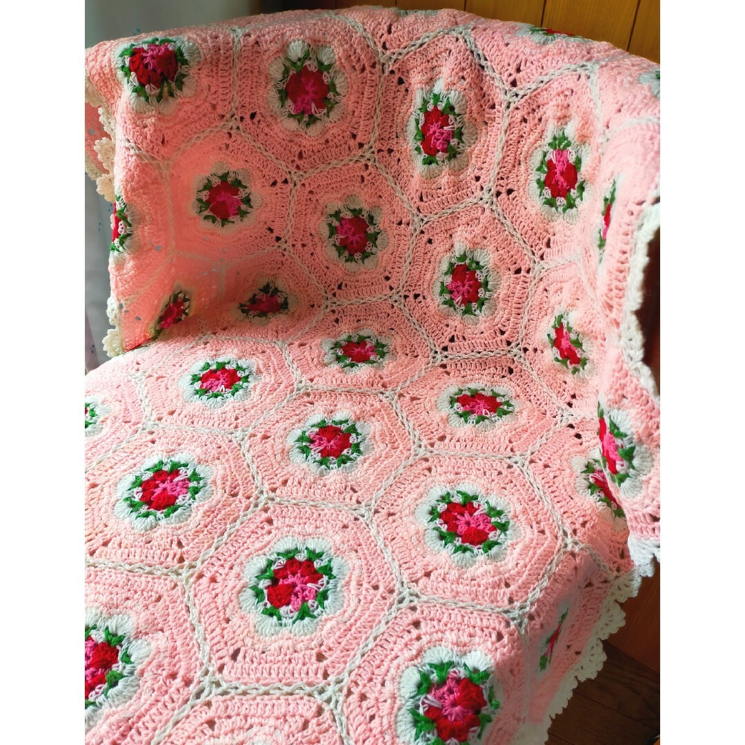ブランケット 花柄 ピンク① マルチカバー ソファカバー ハンドメイド