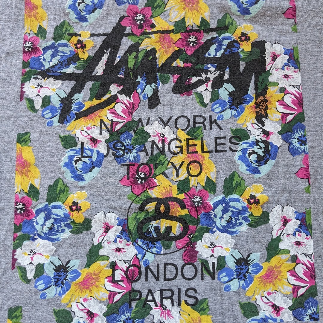 STUSSY 花柄 ワールドツアー 7分袖Tシャツ L 灰色 黒色 ステューシー