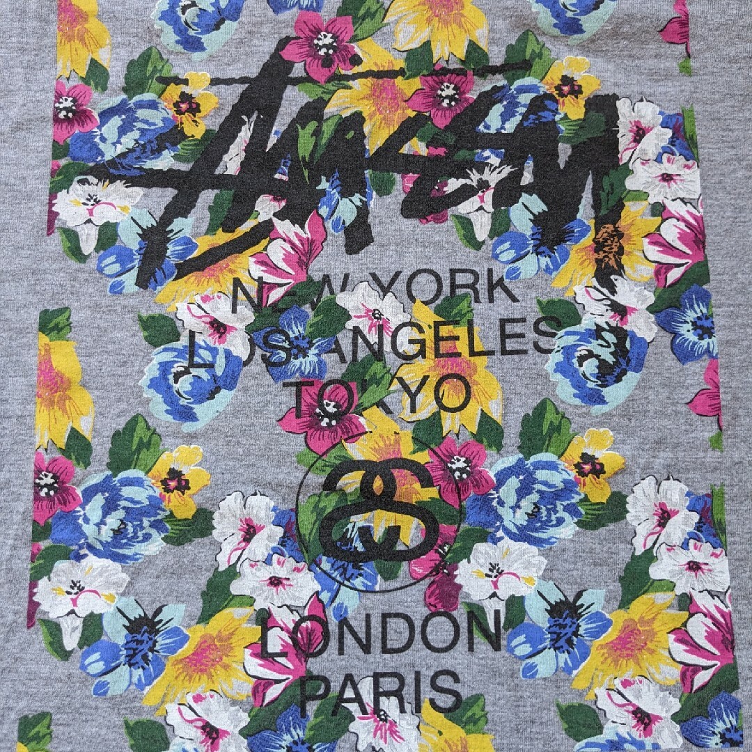 STUSSY 花柄　ワールドツアー　7分袖Tシャツ　L 灰色　黒色　ステューシー