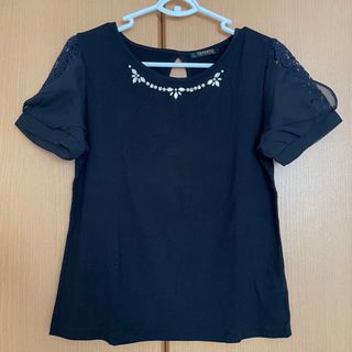 シマムラ(しまむら)の半袖 トップス Tシャツ ビジュー 袖レース 黒(Tシャツ(半袖/袖なし))