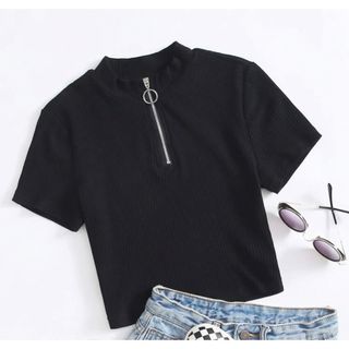 SHEIN Oリング ジッパーアップ プラケット リブニット ティー(Tシャツ(半袖/袖なし))