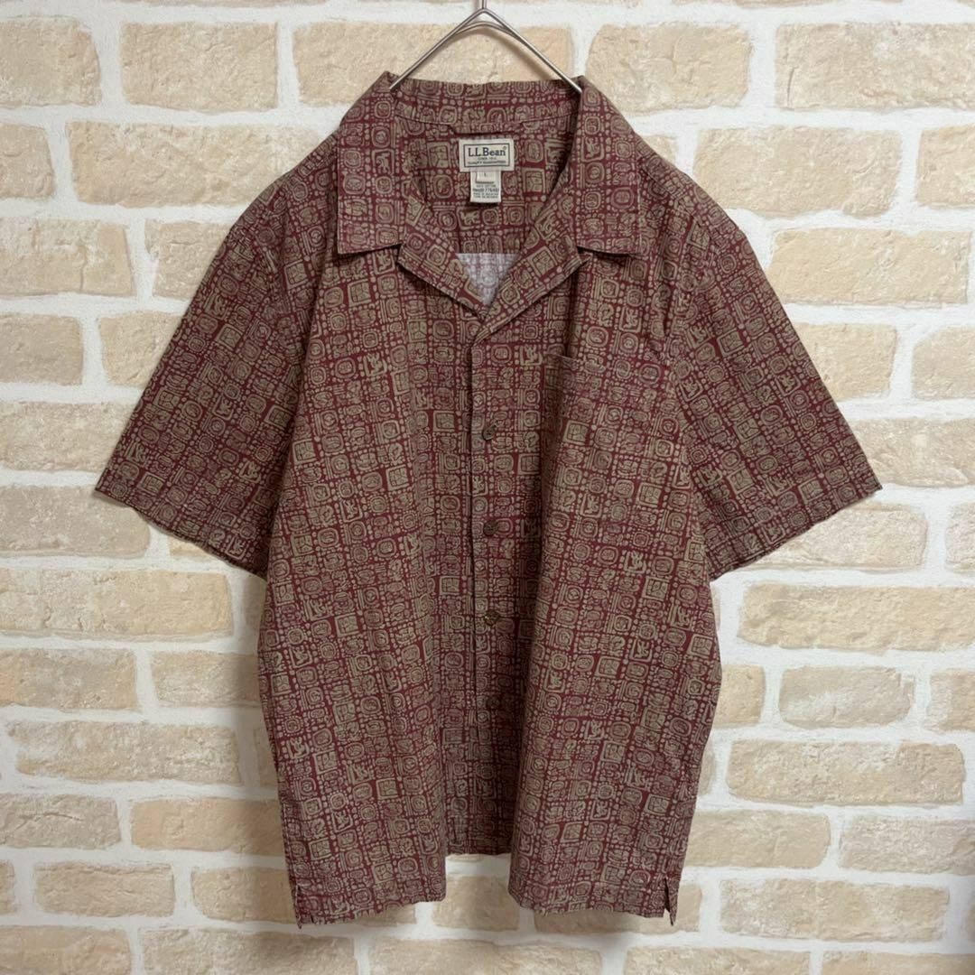 90s L.L.Bean エルエルビーン 総柄 オープンカラーシャツ 民族柄 L