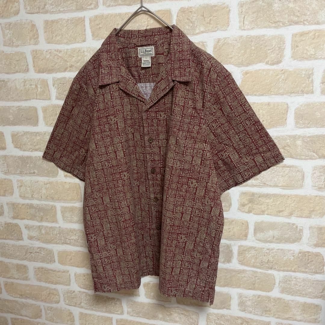 90s L.L.Bean エルエルビーン 総柄 オープンカラーシャツ 民族柄 L