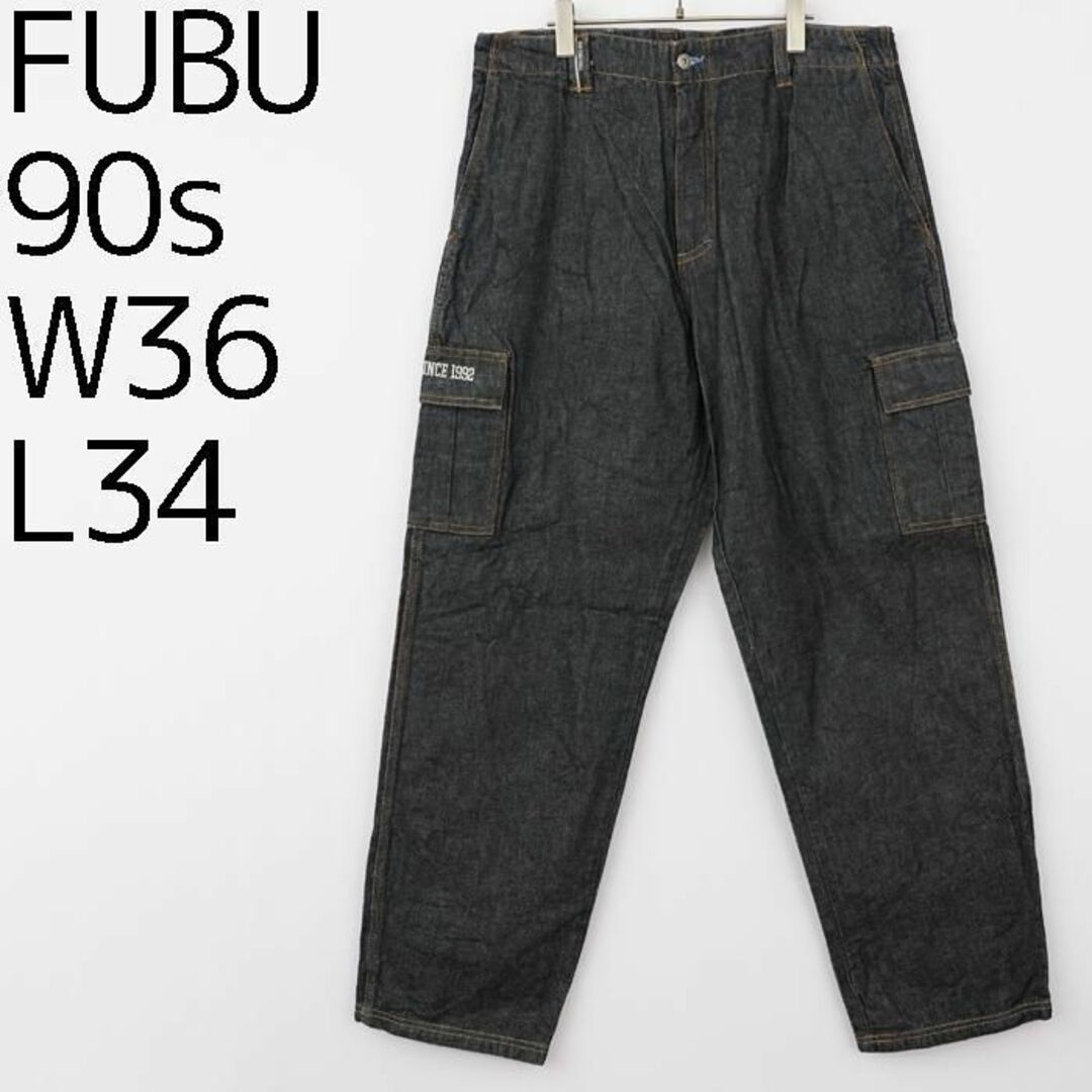 FUBU - 90s W36 FUBU フブ ロゴ刺繍 極太カーゴパンツ デニム ネイビー
