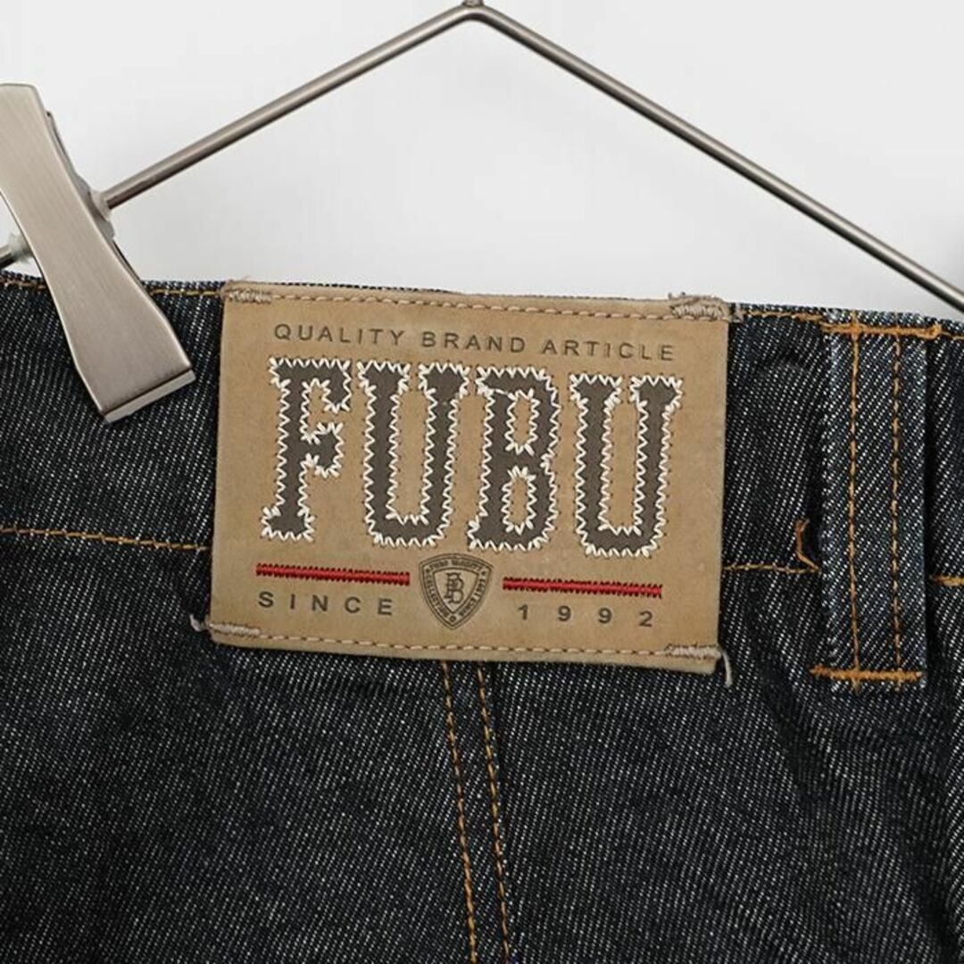 FUBU(フブ)の90s W36 FUBU フブ ロゴ刺繍 極太カーゴパンツ デニム ネイビー 紺 メンズのパンツ(デニム/ジーンズ)の商品写真