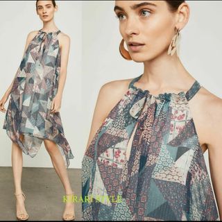 BCBG pottery パッチワーク柄 ホルターネック アシメン ワンピ