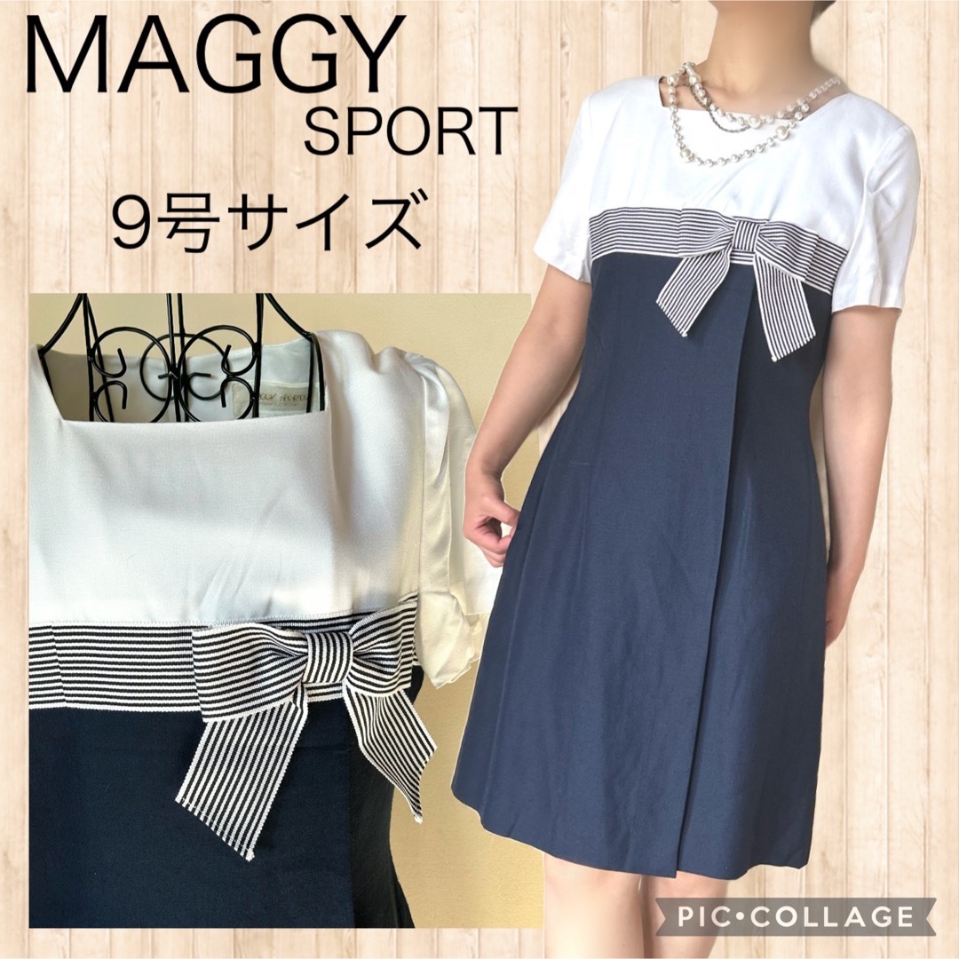 MAGGY SPORT マギー　ひざ丈　ワンピース　紺色　白　リボン　バイカラー