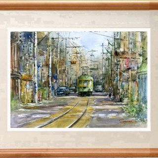 水彩画原画　江ノ電・商店街を走る　＃611(絵画/タペストリー)