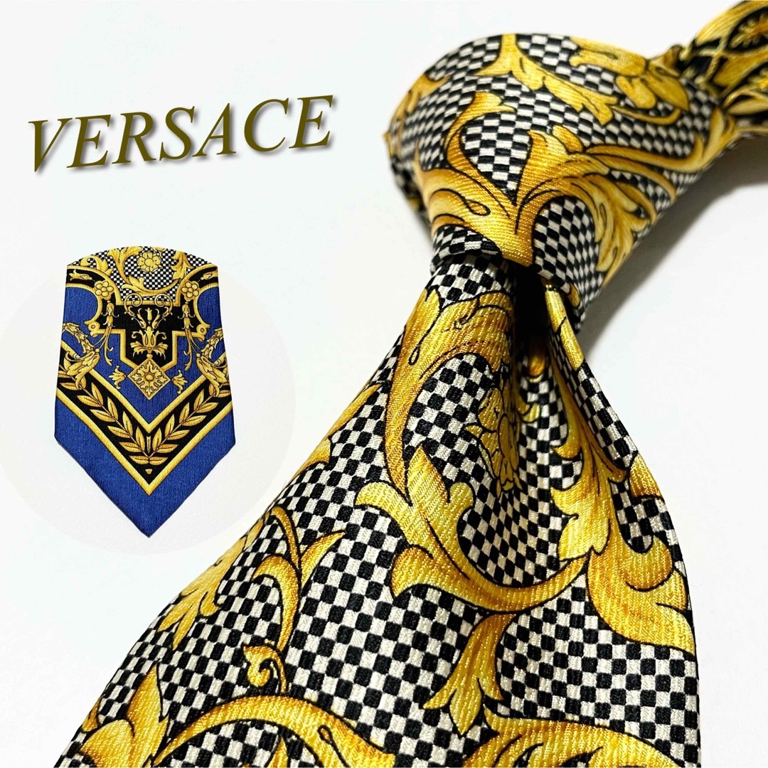 希少！美品！GIANNI VERSACE バロック柄　青黄　高級シルク