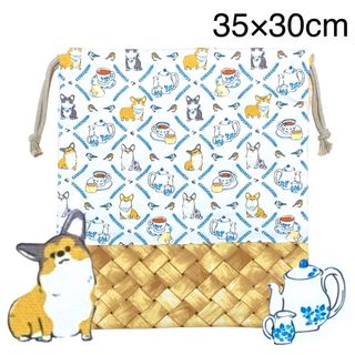 手作り 35×30 体操服袋 お着替え袋 ナチュラル 女の子 コーギー 犬(外出用品)