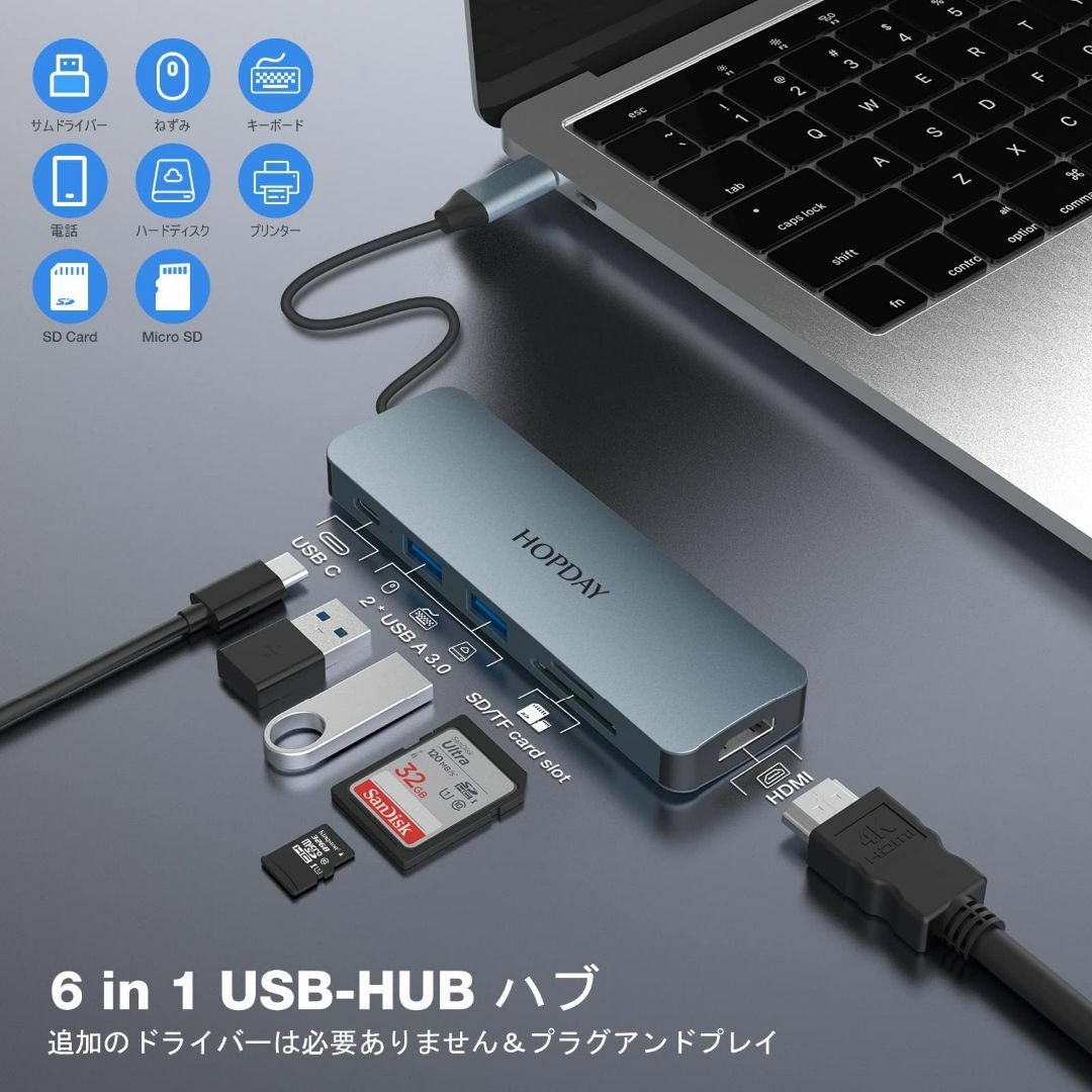 サイズ:HDHB033HOPDAY USB Cハブ、6 in 1 USBCア 1