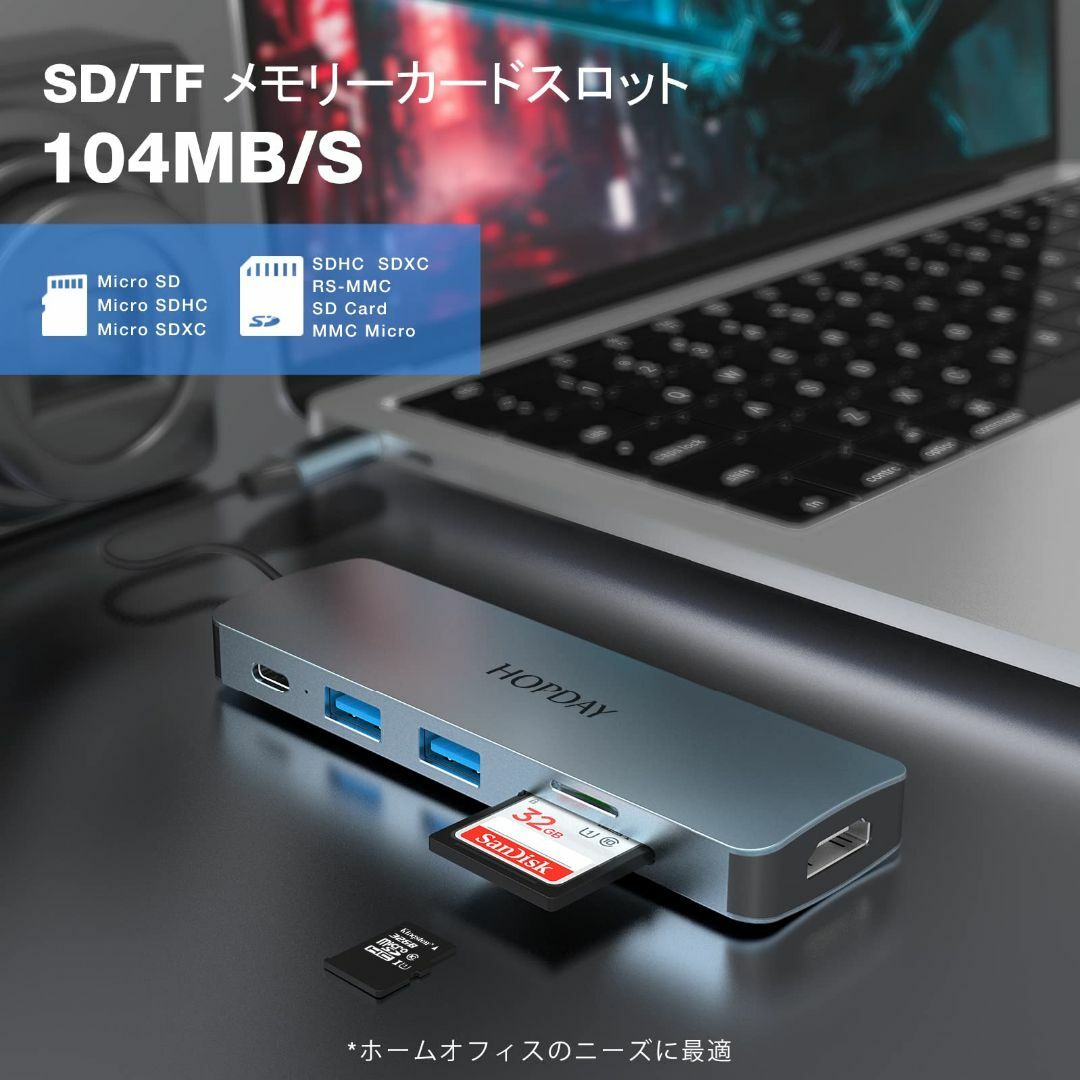 サイズ:HDHB033HOPDAY USB Cハブ、6 in 1 USBCア 4