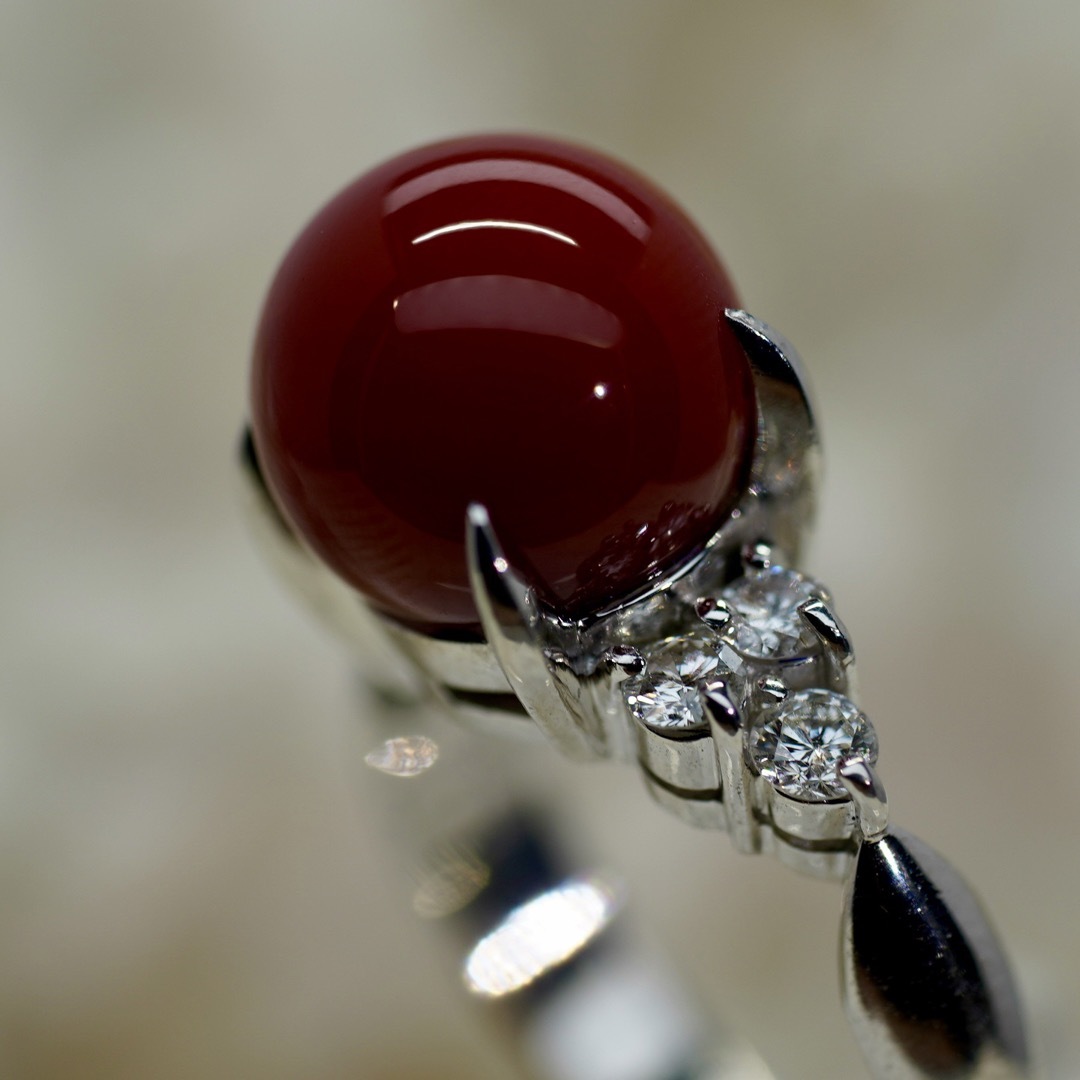 高級 血赤珊瑚10.7mm ダイヤ プラチナ リング 販売日本 アクセサリー