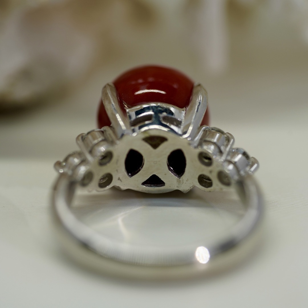 高級 血赤珊瑚10.7mm ダイヤ プラチナ リング 販売日本 アクセサリー