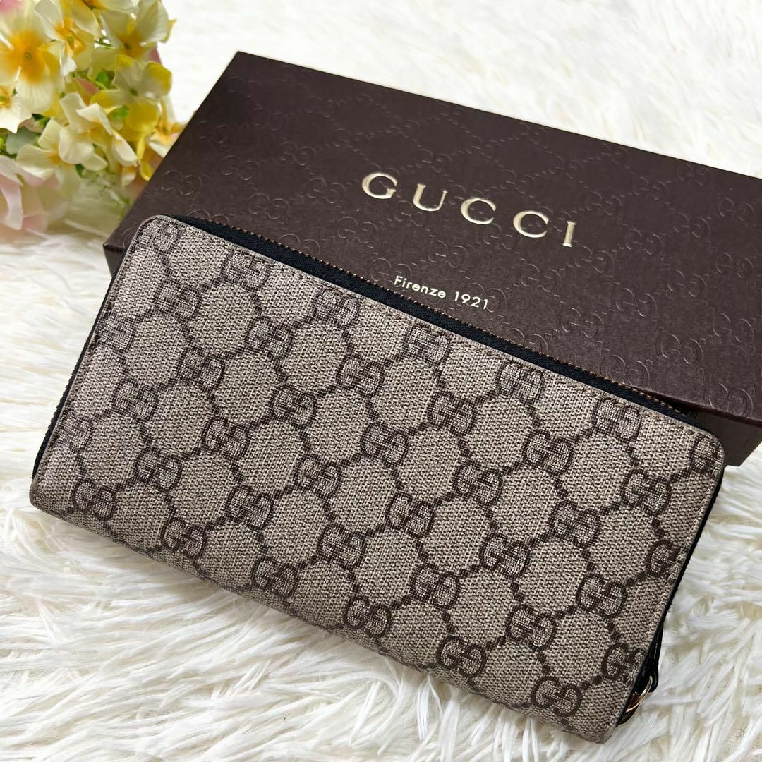 美品 グッチ GUCCI 財布 長財布 GGスプリーム ラウンドファスナー-