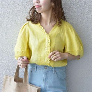 シップスフォーウィメン(SHIPS for women)の新品 SHIPS any オーガニックリネン チビフリル パフ シャツ ブラウス(シャツ/ブラウス(半袖/袖なし))