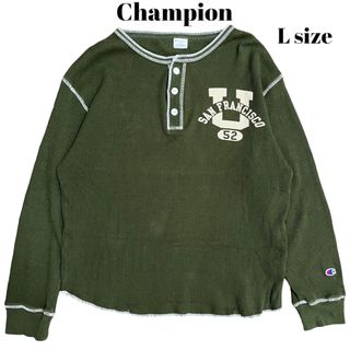 Champion ヘンリーネックT ワッフル サーマル 胸ロゴ ブラック