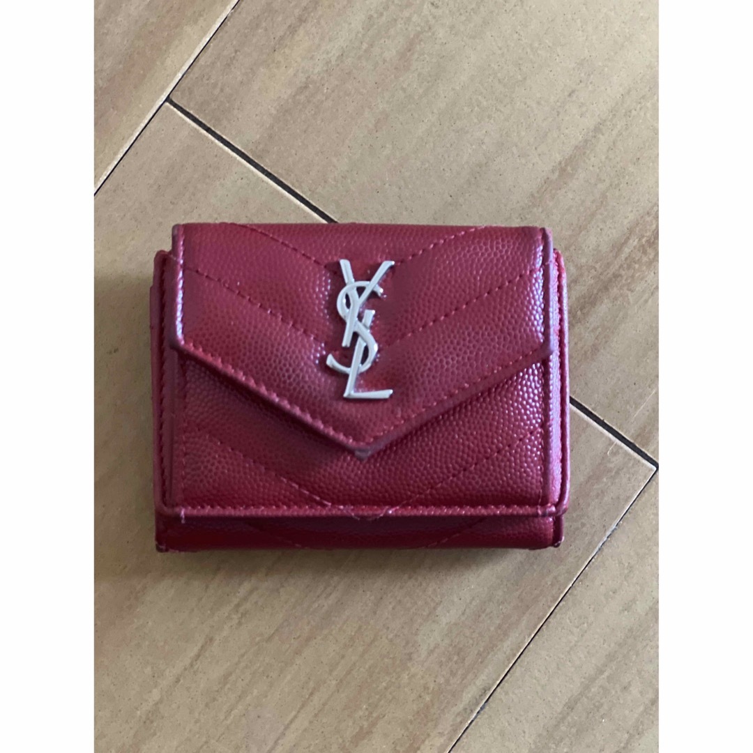 【良品】Saint Laurent 三つ折り財布 Vステッチ レッド YSL