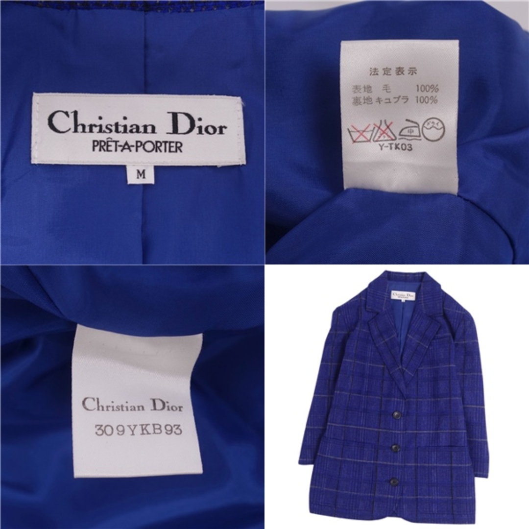 美品 Vintage クリスチャンディオール Christian Dior ジャケット テーラードジャケット シングル チェック柄 ウール アウター  レディース M ブルー