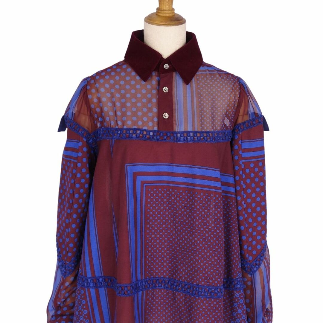 美品 サカイ Sacai シャツ ブラウス プルオーバー ロングスリーブ 総柄 トップス レディース 1(S相当) ブラウン/ブルー
