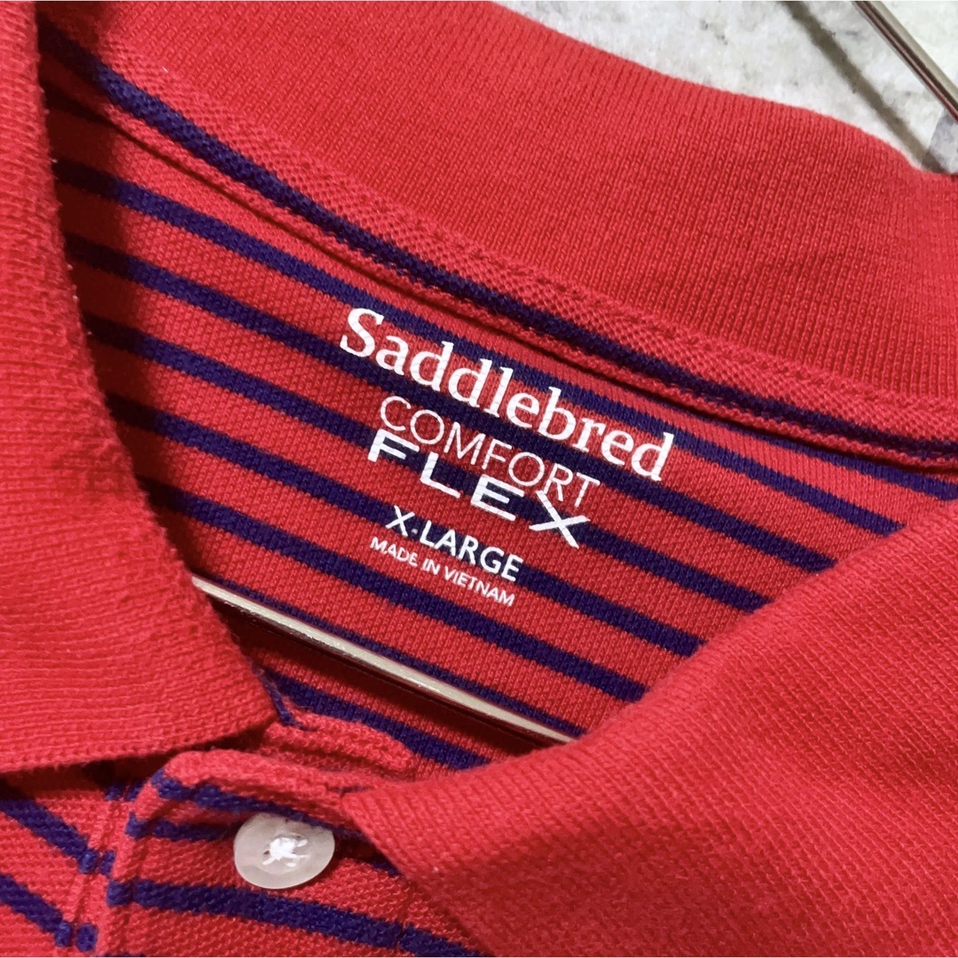 ポロシャツ　ボーダー　レッド　赤　XLサイズ　USA古着　Saddlebred メンズのトップス(ポロシャツ)の商品写真