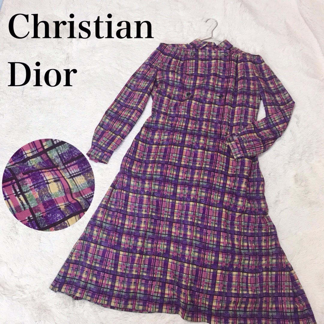 希少 Christian Dior シルク チェック シャツワンピース 総柄 - ロング