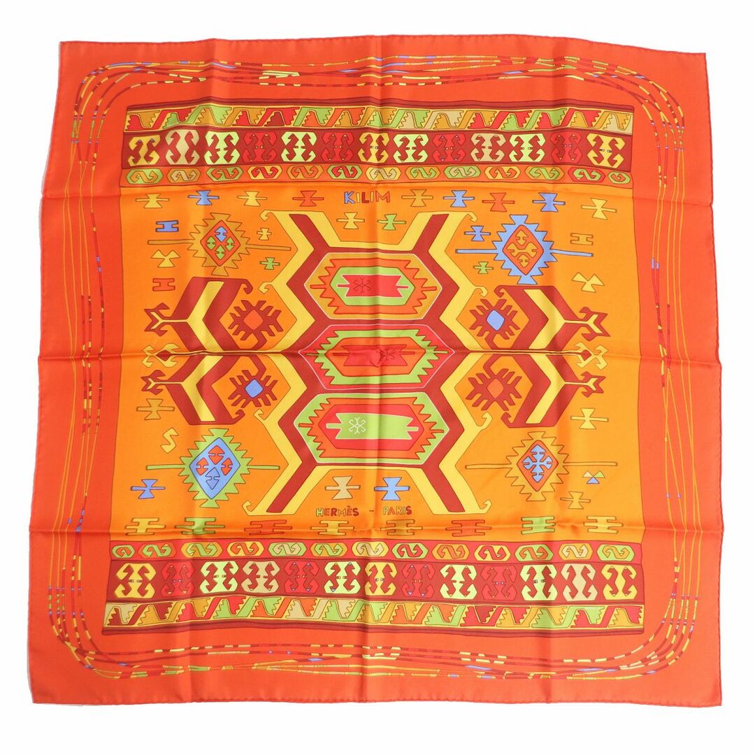 極美品□HERMES/エルメス カレ90 KILIM/キリム チマヨ ネイティブ柄 シルク100％ スカーフ/ショール オレンジ系 フランス製 箱付き