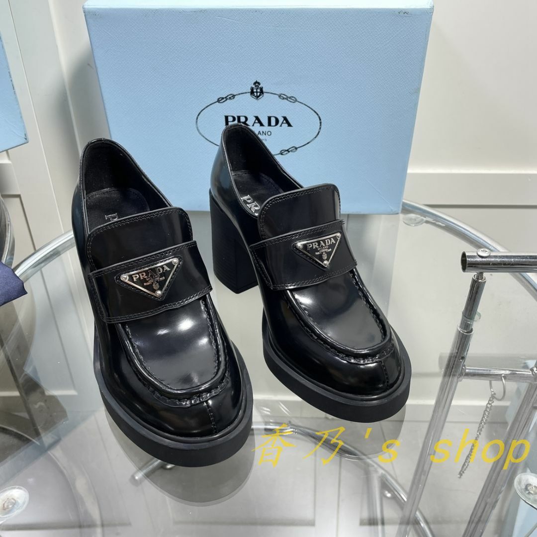 PRADAプラダ チョコレート ブラッシュドレザー ハイヒールローファー