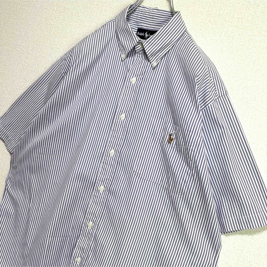 ラルフローレンラルフローレン BDシャツ 半袖 パープルストライプ 胸ポケット マルチポニー