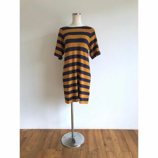 マリメッコ(marimekko)のマリメッコ/半袖/ワンピース/チュニック/ボーダー/XS/イエロー×ネイビー(ミニワンピース)