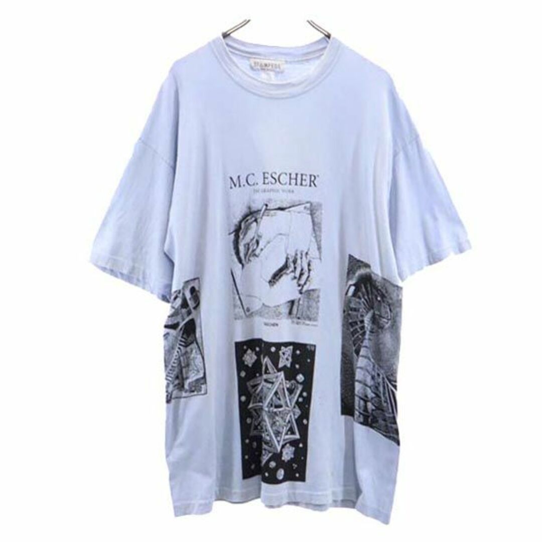 マウリッツエッシャー 90s マルチ だまし絵 USA製 プリント 半袖 Tシャツ 青系 M C Escher メンズ   【230619】 メール便可サイズ表記