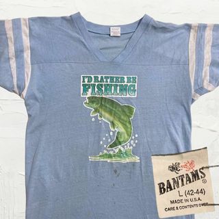 メイドインユーエスエー(MADE IN USA)のLLM  Tシャツ ビンテージ 古着 80s USA製 水色 魚　釣り　袖ライン(Tシャツ/カットソー(半袖/袖なし))