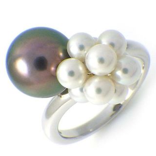 ミキモト(MIKIMOTO)のミキモト MIKIMOTO リング フラワー ツイスト 1ポイント ブラック パール 9.4mm珠 10ポイント ホワイト パール 3.8mm珠 K18WG 11号 【中古】(リング(指輪))