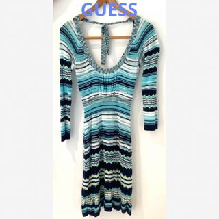 ゲス(GUESS)のGUESS ゲス サマーニット タイト ワンピース ブルー ボーダー Sサイズ(ひざ丈ワンピース)