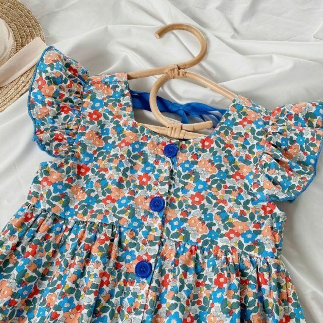 新品　キッズワンピース　花柄　ふんわり　フリル　リボン　女の子　夏　110 キッズ/ベビー/マタニティのキッズ服女の子用(90cm~)(ワンピース)の商品写真