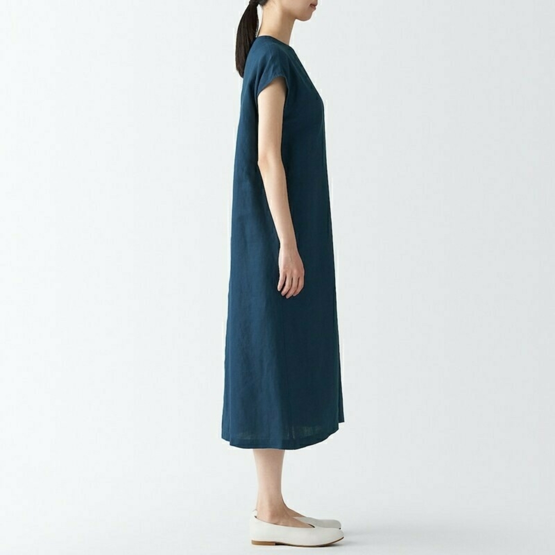 MUJI (無印良品)(ムジルシリョウヒン)の●新品● 無印良品ヘンプ洗いざらしフレンチスリーブワンピース／ブルー／Ｍ レディースのワンピース(ひざ丈ワンピース)の商品写真