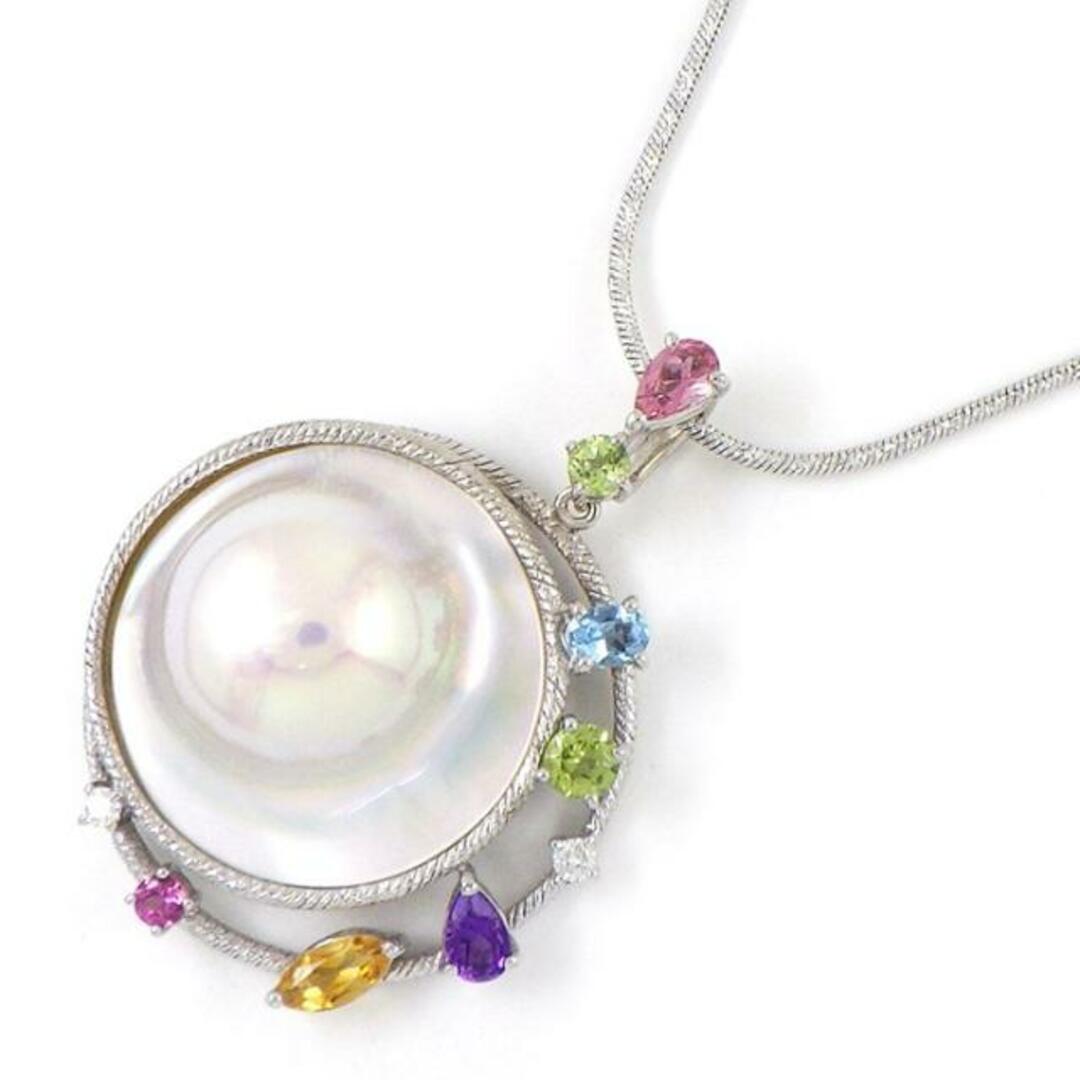 タサキ 田崎真珠 TASAKI ネックレス サークル モチーフ マベパール 20mm珠 オーバルカット マーキスカット ラウンドカット マルチカラー ストーン 2ポイント ダイヤモンド 0.05ct K18WG 【中古】 | フリマアプリ ラクマ