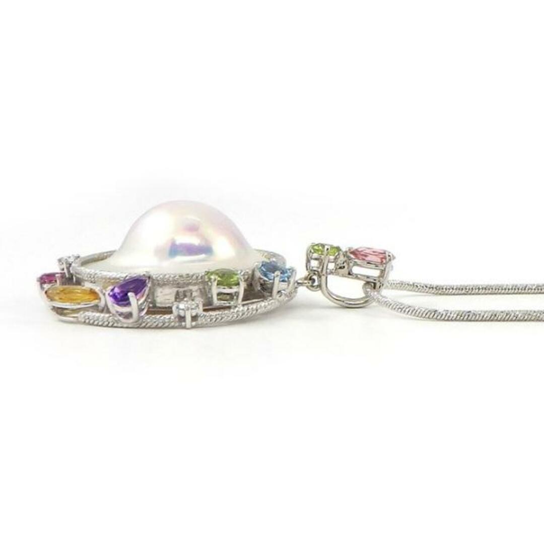 タサキ 田崎真珠 TASAKI ネックレス サークル モチーフ マベパール 20mm珠 オーバルカット マーキスカット ラウンドカット マルチカラー ストーン 2ポイント ダイヤモンド 0.05ct K18WG 【中古】