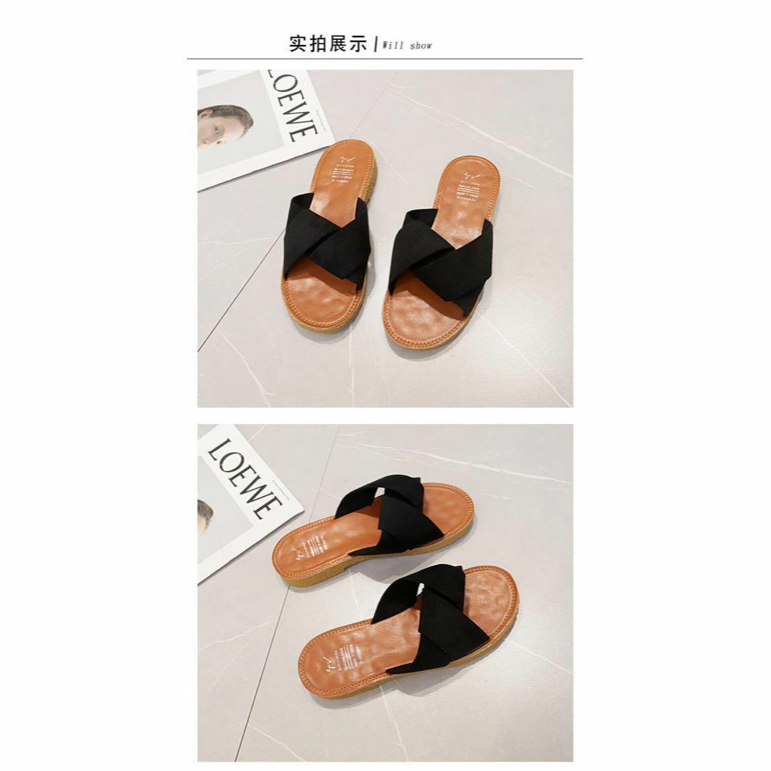 レディース ぺたんこサンダル フラット サンダル リボン 黒 スエード 夏 海 レディースの靴/シューズ(サンダル)の商品写真