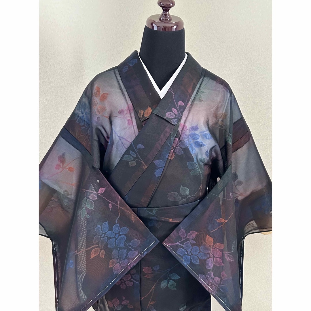 ディズニーコレクション 夏用 正絹 小紋 紗 花文 紺地 紅花 ✨ほぼ未