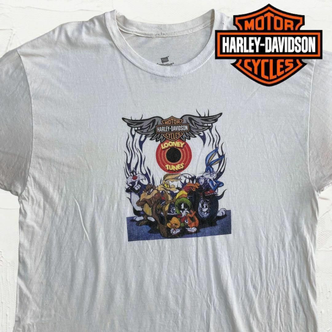 Harley Davidson(ハーレーダビッドソン)のLZG Tシャツ Hanes 古着 白 ハーレーダビッドソン　ルーニーチューンズ メンズのトップス(Tシャツ/カットソー(半袖/袖なし))の商品写真