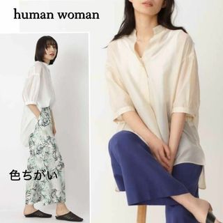 ヒューマンウーマン(HUMAN WOMAN)のオーバーなリラックス感が可愛い♪　半袖シアーブラウス　フリーサイズ　ベージュ(シャツ/ブラウス(半袖/袖なし))