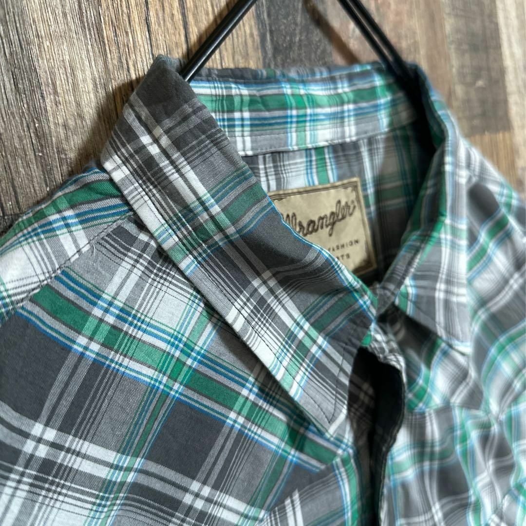 ラングラー チェックシャツ 半袖シャツ ロゴ グリーン 3XL US グレー