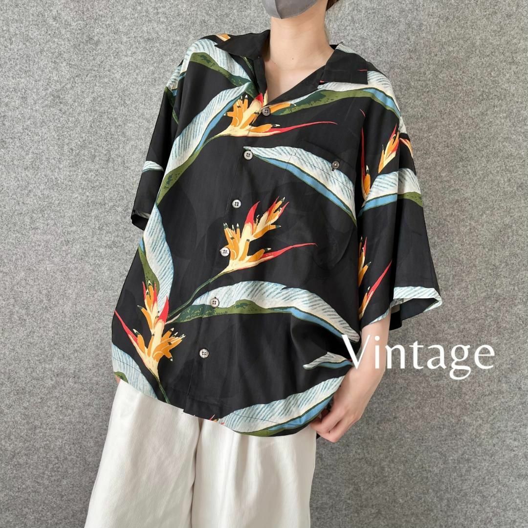 vintage】シルク 絹 レトロ フラワー 総柄 開襟 半袖シャツ 黒 L - シャツ