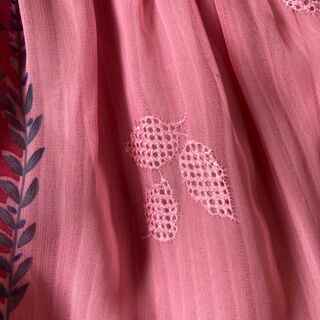 昭和レトロ花柄ロングワンピース透け素材リーフ柄刺繍ピンクh