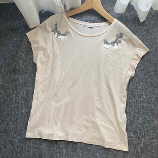 ザラ(ZARA)のzara ザラ　ビジュー付きtシャツ　フレンチスリーブ　ピンク　S(Tシャツ(半袖/袖なし))