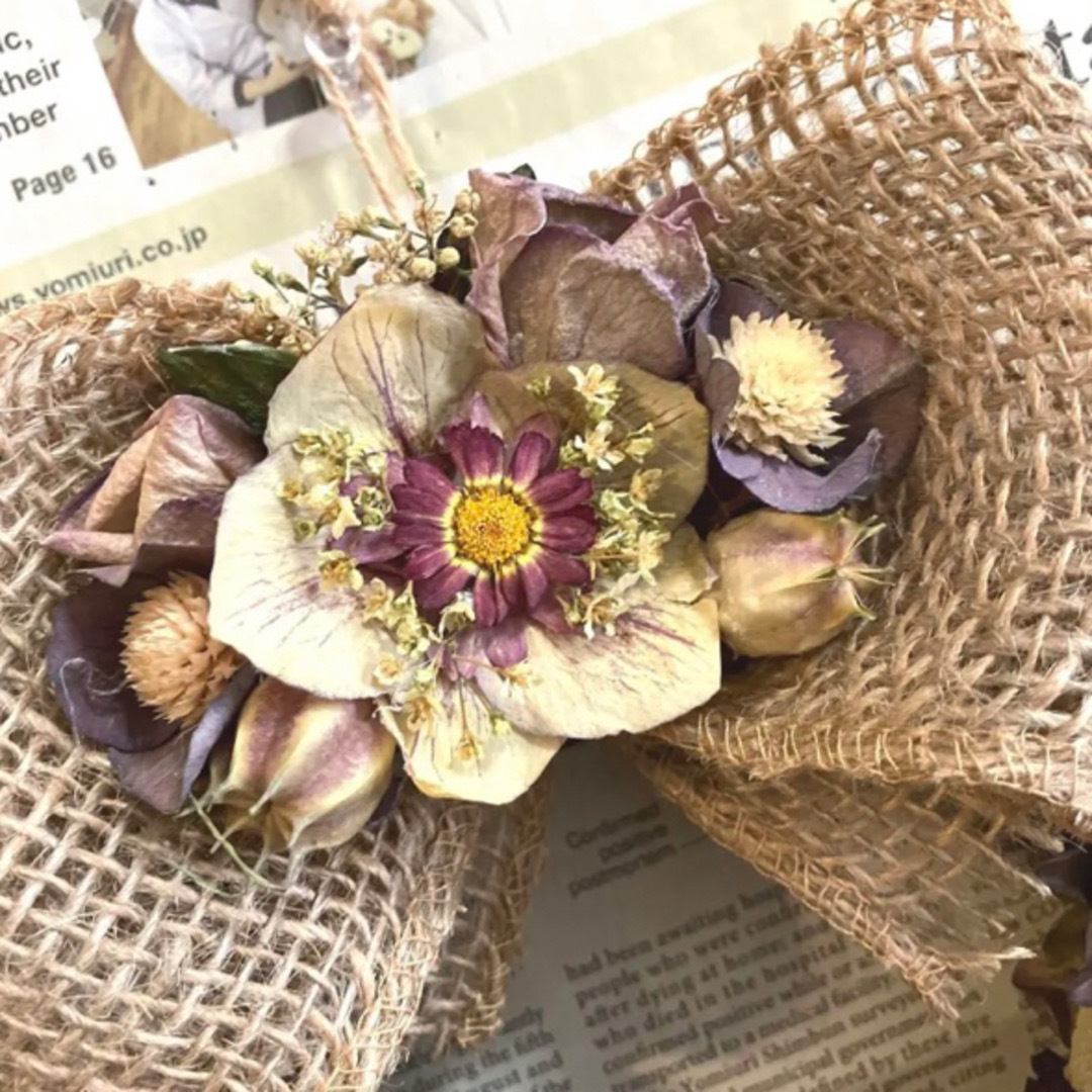 秋色紫陽花とクリローのリボンのアンティークリース♡ ハンドメイドのフラワー/ガーデン(リース)の商品写真